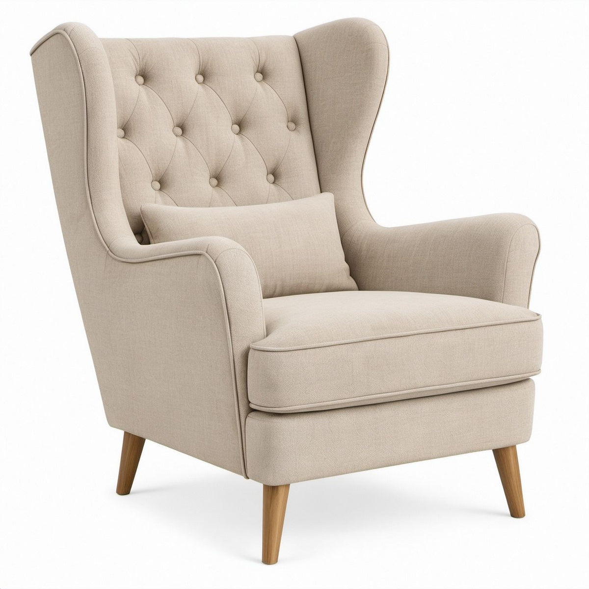 Beige Tufted Wingback Lounge Chair with Polyester Upholstery and Lumbar Pillow, 35.4 x 37.0 x 43.3 in