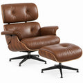 Brown Faux Leather Swivel Recliner with Ottoman, Walnut Veneer Shell and Black Base, Chair 33.5 x 35.5 x 33.5 in