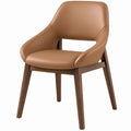 Contemporary Curved Dining Armchair, Brown PU Leather and Solid Walnut Wood, 23 x 23 x 32 in