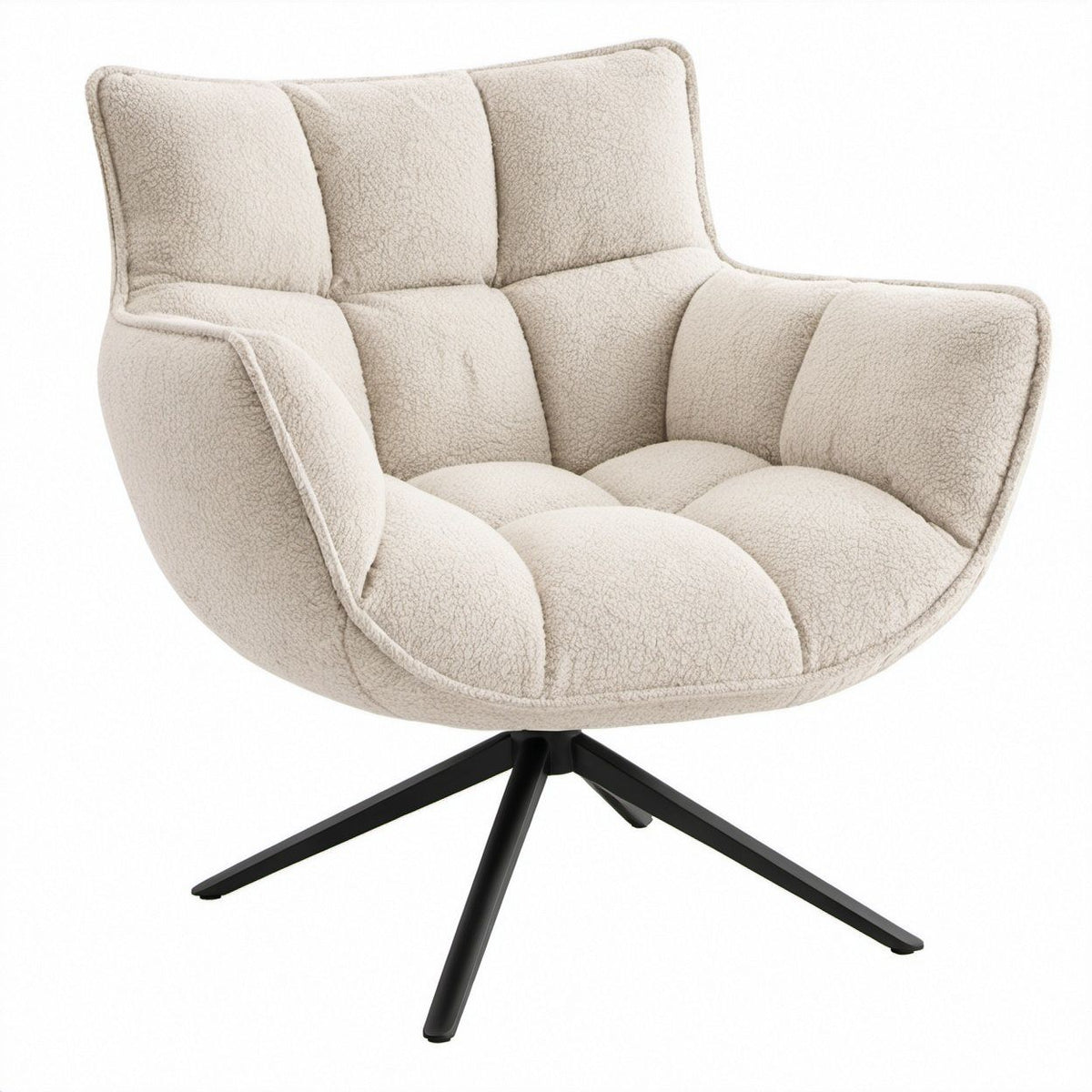 Ivory Boucle Swivel Lounge Chair with Black Steel Base, 31.5 x 33.5 x 33.1 in