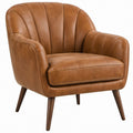 Tan PU Leather Barrel Lounge Chair with Dark Brown Rubberwood Legs, 31.5 x 32 x 35 in