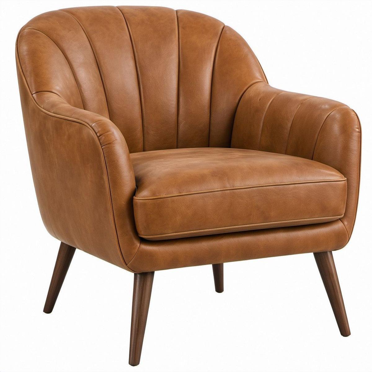 Tan PU Leather Barrel Lounge Chair with Dark Brown Rubberwood Legs, 31.5 x 32 x 35 in