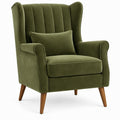 Olive Green Velvet Wingback Lounge Chair with Brown Wood Legs, 31.5 x 35.4 x 43.3 in