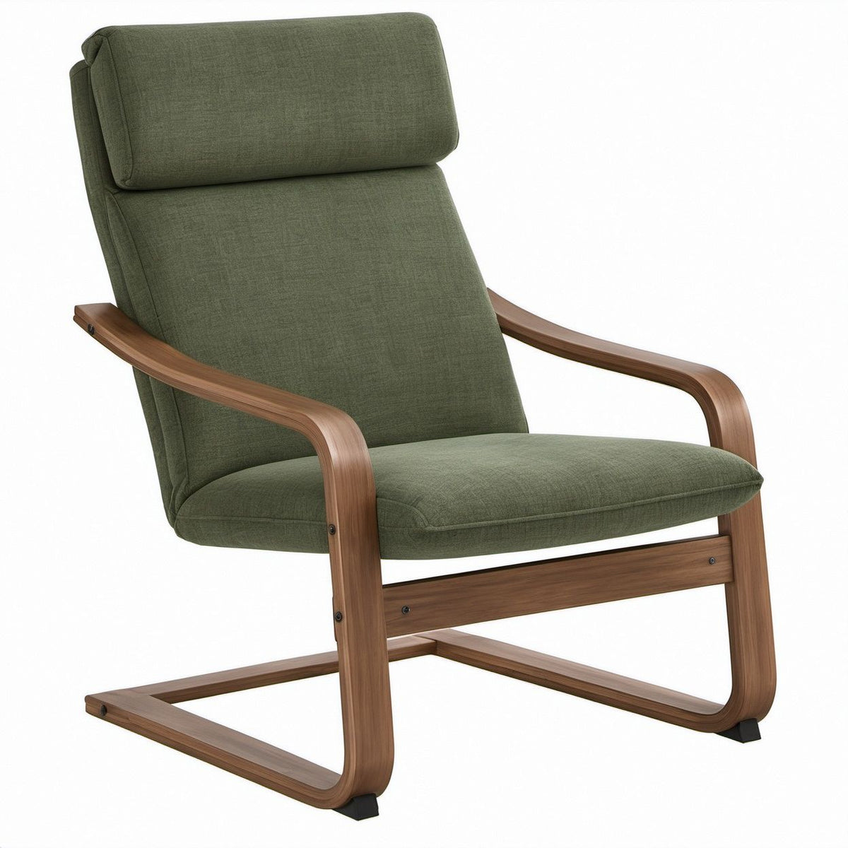 Green Polyester Upholstered Lounge Chair with Headrest, Walnut Veneer Bent Plywood Frame, 27.5 x 32 x 39 in