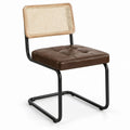 Dining Chair with Natural Rattan Back, Brown PU Leather Seat and Black Steel Sled Base, 20 x 22 x 32 in