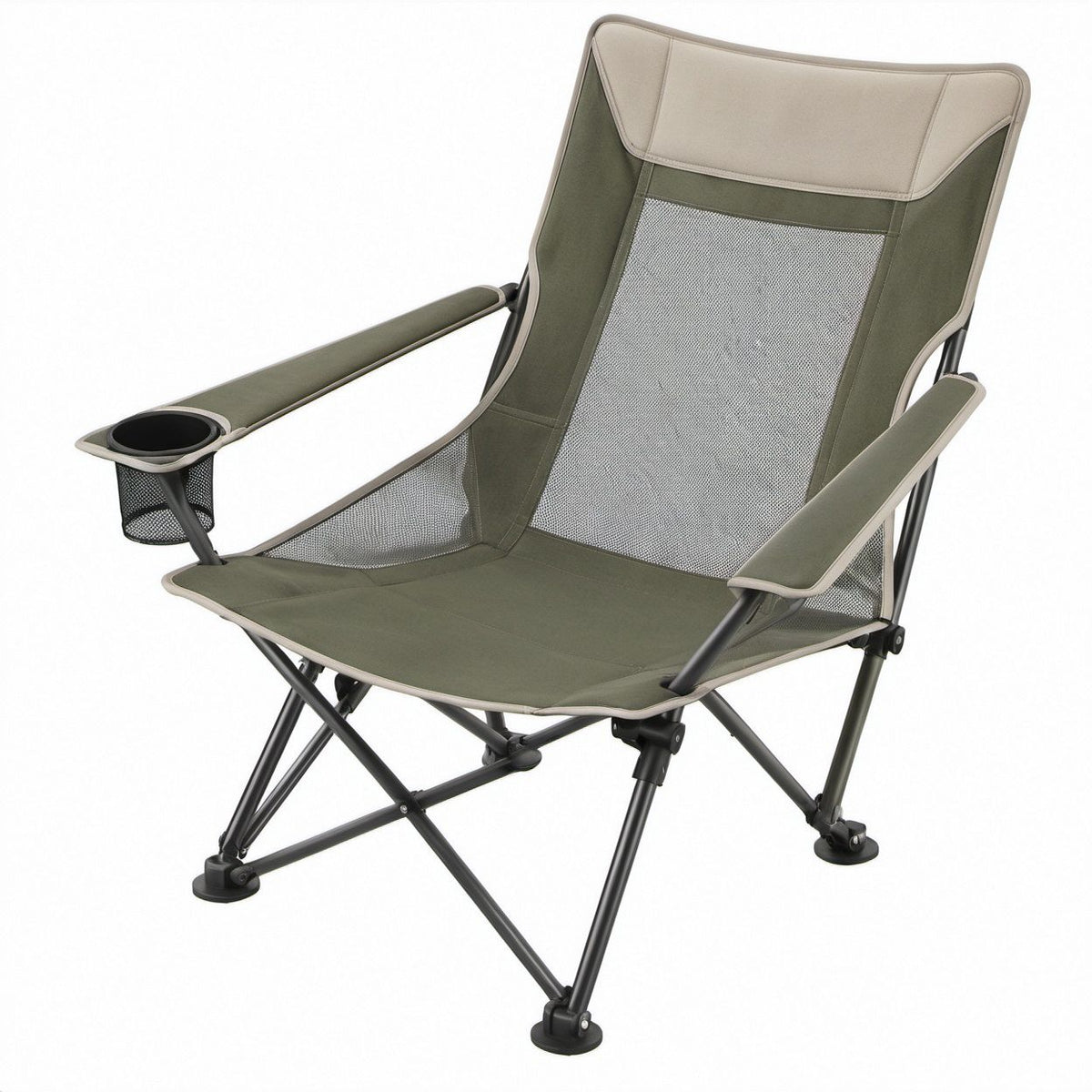 High-Back Folding Camping Chair with Cup Holder and Mesh Pocket, Olive Green/Gray/Black, 23.6 x 21.7 x 37.4 in