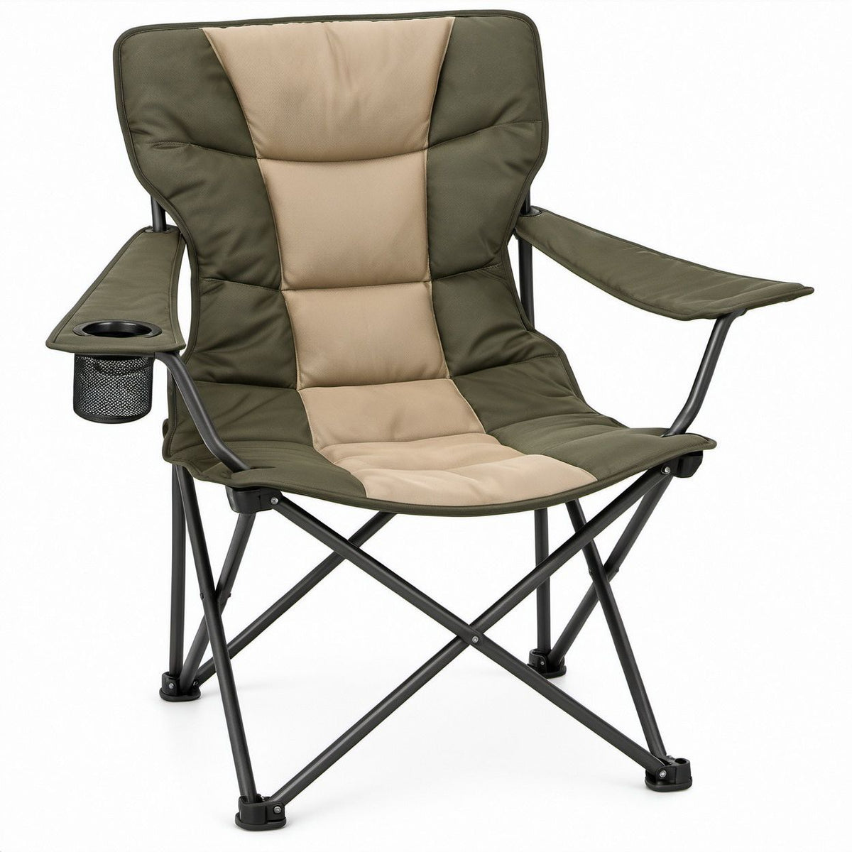 Oversized Folding Camping Chair, Olive Green/Beige/Black, 37.4 x 23.6 x 23.6 in