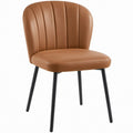 Camel Brown PU Leather Dining Chair with Curved Channel-Tufted Back and Black Steel Legs, 20 x 23 x 33 in