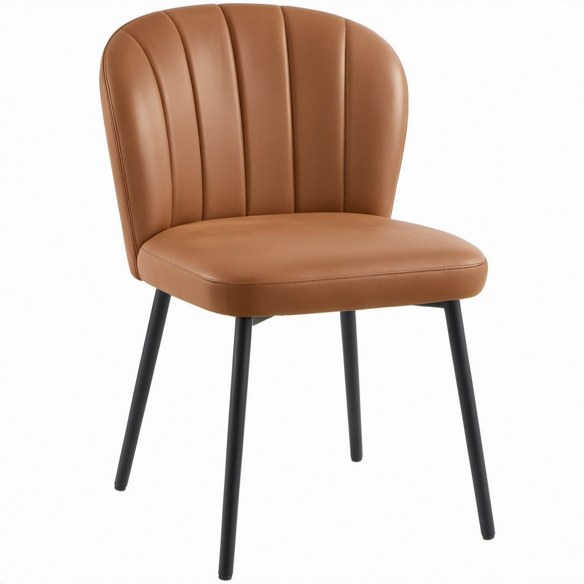 Camel Brown PU Leather Dining Chair with Curved Channel-Tufted Back and Black Steel Legs, 20 x 23 x 33 in