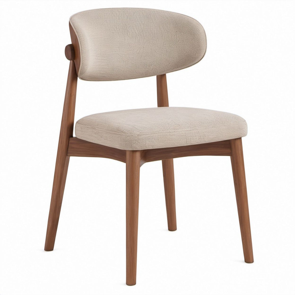 Beige Upholstered Curved Back Dining Chair with Walnut Brown Rubberwood Frame, 22 x 22 x 31.5 in
