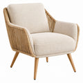 Beige Boucle Armchair with Tan Woven Rope Sides and Natural Rubberwood Legs, 30 x 32 x 34 in