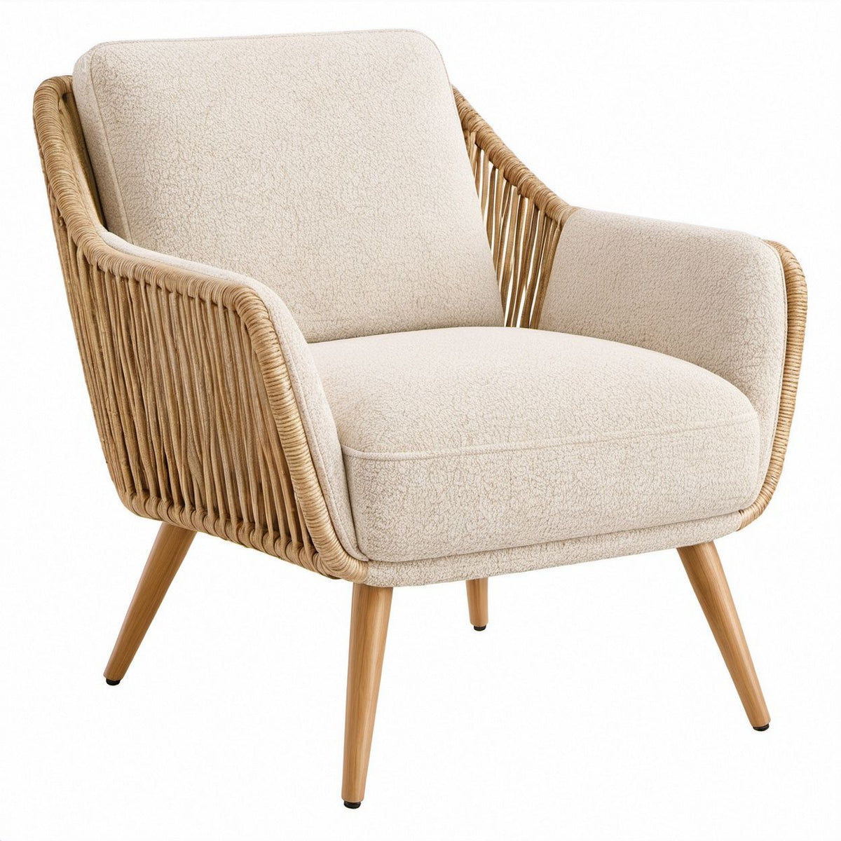 Beige Boucle Armchair with Tan Woven Rope Sides and Natural Rubberwood Legs, 30 x 32 x 34 in