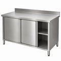 Silver Stainless Steel Worktable with Sliding Doors, Backsplash and Open Storage, 60 x 30 x 41 in