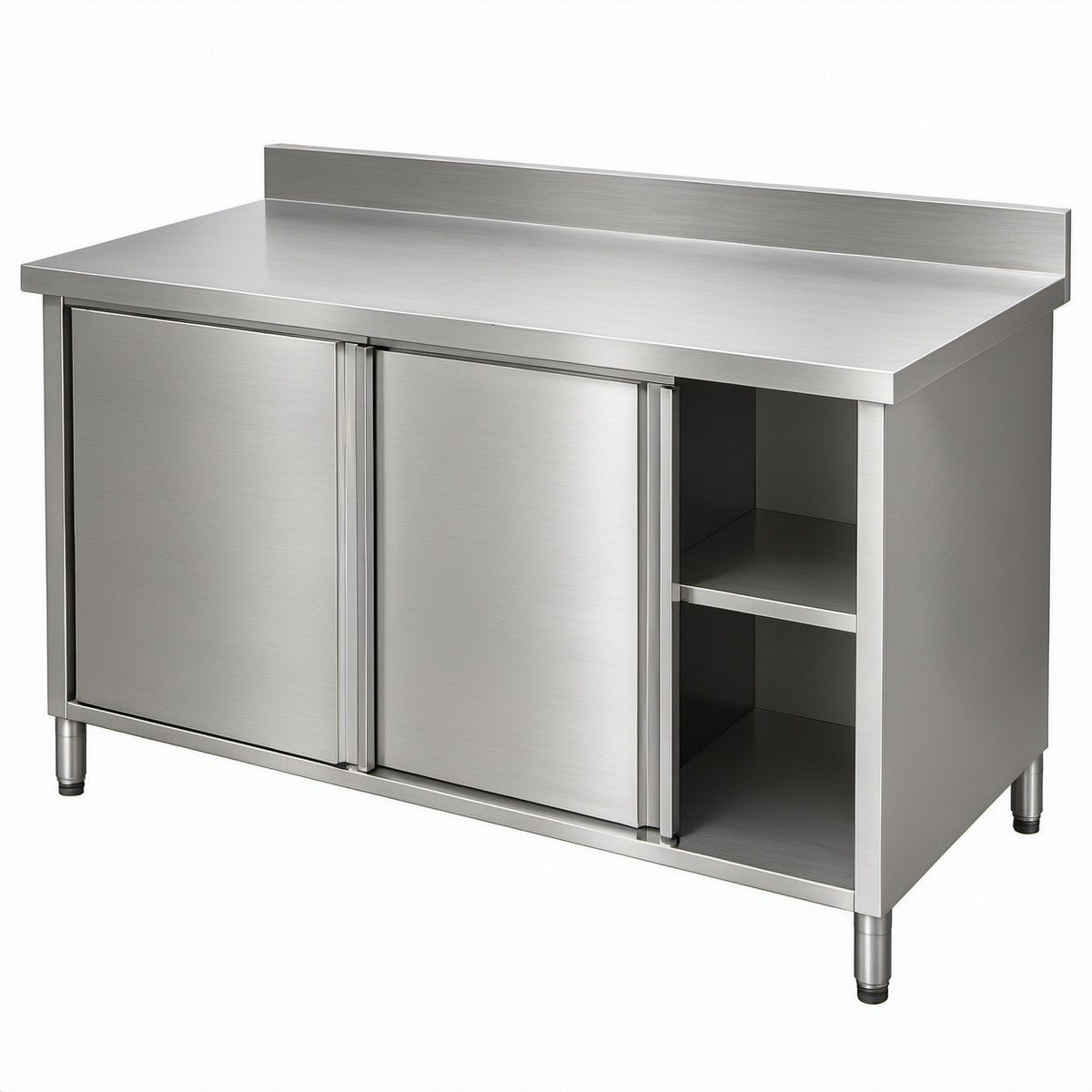 Silver Stainless Steel Worktable with Sliding Doors, Backsplash and Open Storage, 60 x 30 x 41 in