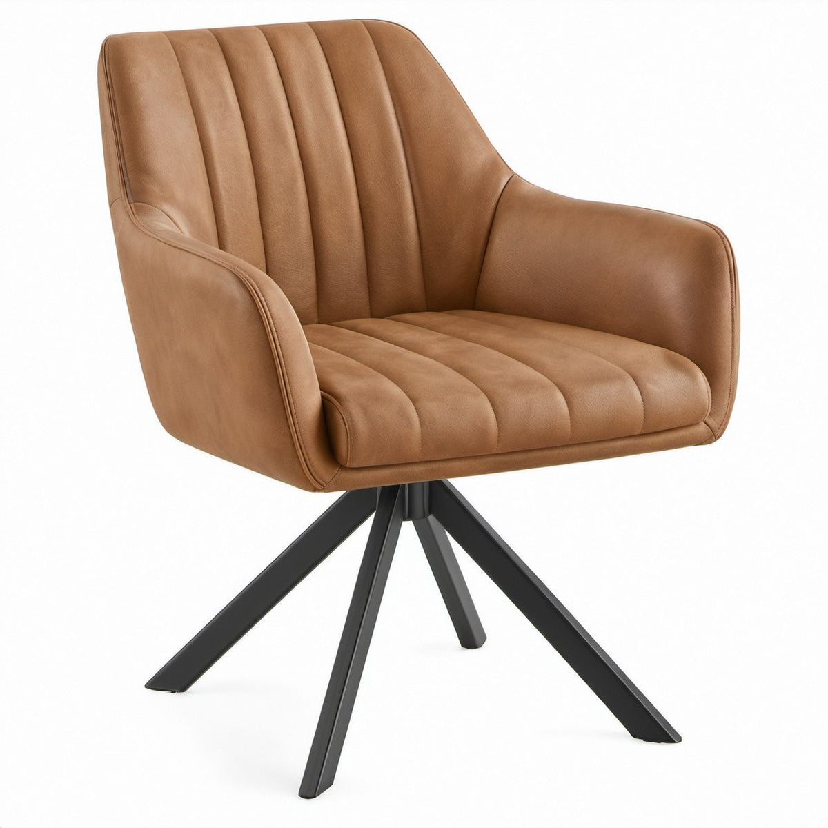 Brown PU Swivel Dining Armchair with Black Steel Base, 24.4 x 24 x 34.6 in