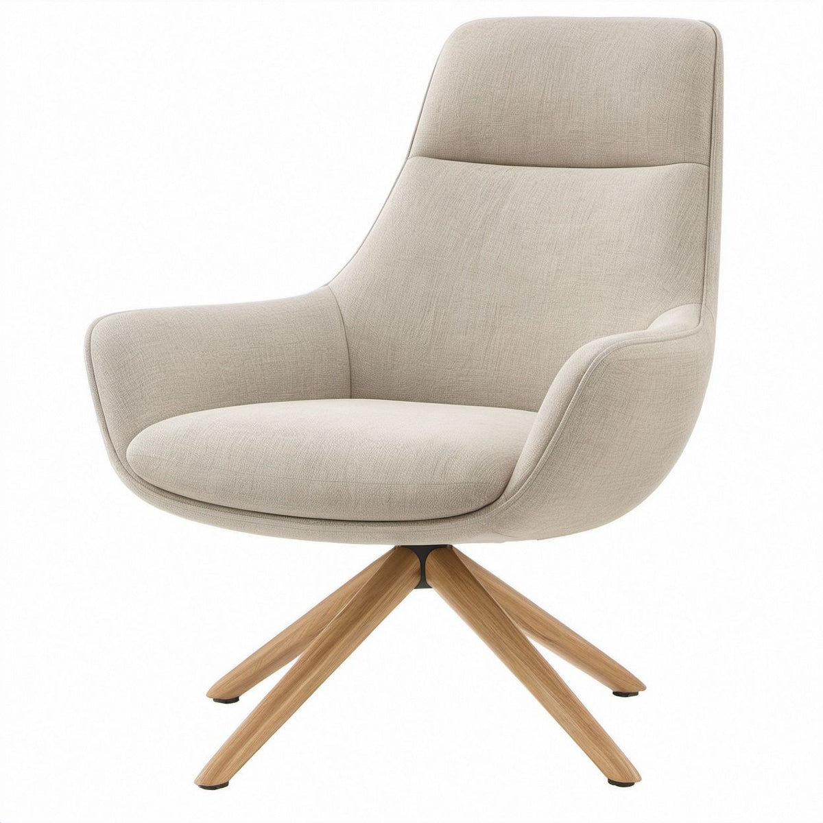 High-Back Swivel Lounge Chair, Beige Polyester Upholstery with Natural Wood Base, 30 x 32 x 42 in
