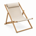 Adjustable Folding Deck Chair with Headrest, Beige Polyester Canvas and Natural Beech Wood Frame, 33.1 x 22.8 x 39.0 in