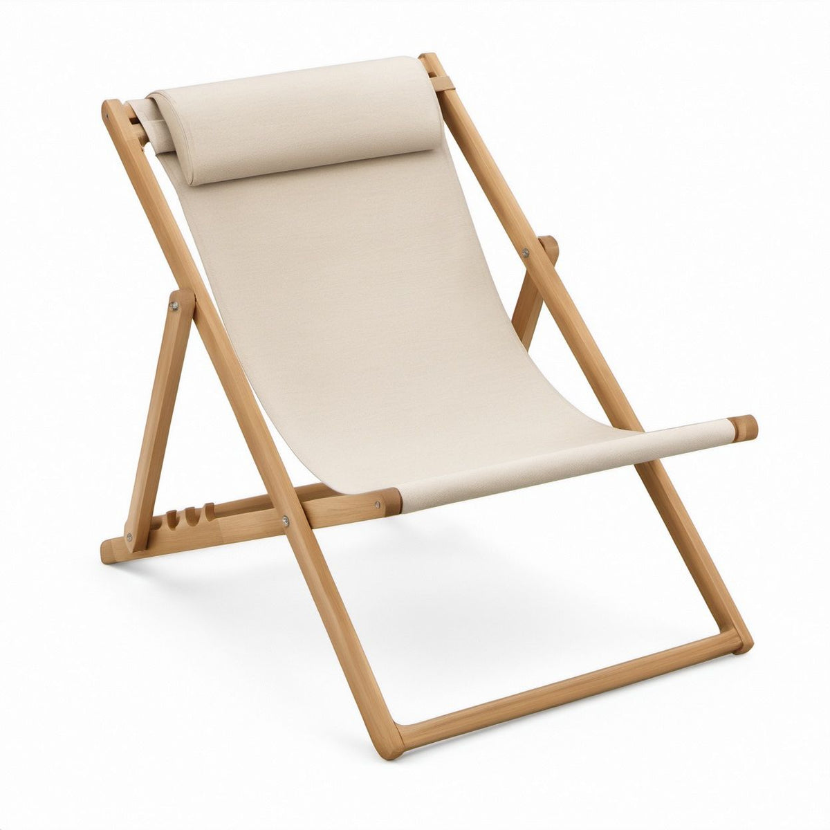 Adjustable Folding Deck Chair with Headrest, Beige Polyester Canvas and Natural Beech Wood Frame, 33.1 x 22.8 x 39.0 in