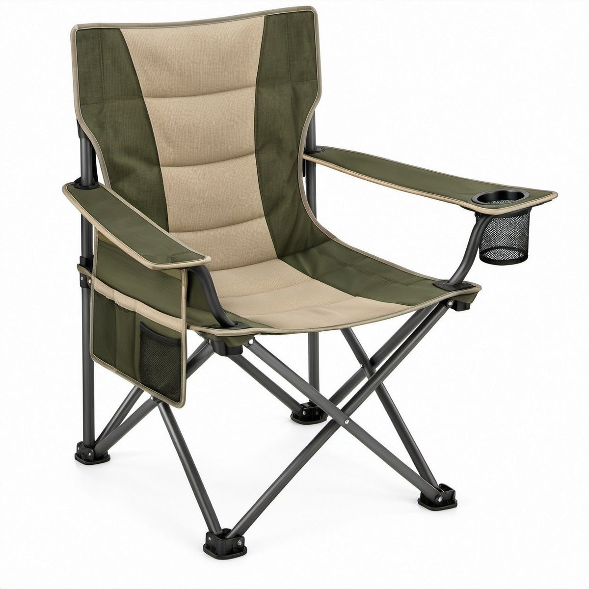Folding Camping Chair, Olive Green/Beige/Black, 37.8 x 23.6 x 40.2 in