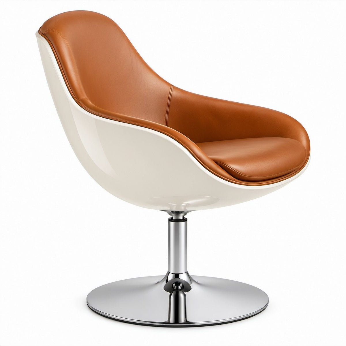 Cognac PU Leather Swivel Lounge Chair with White Polypropylene Shell and Chrome Base, 28 x 28 x 35 in
