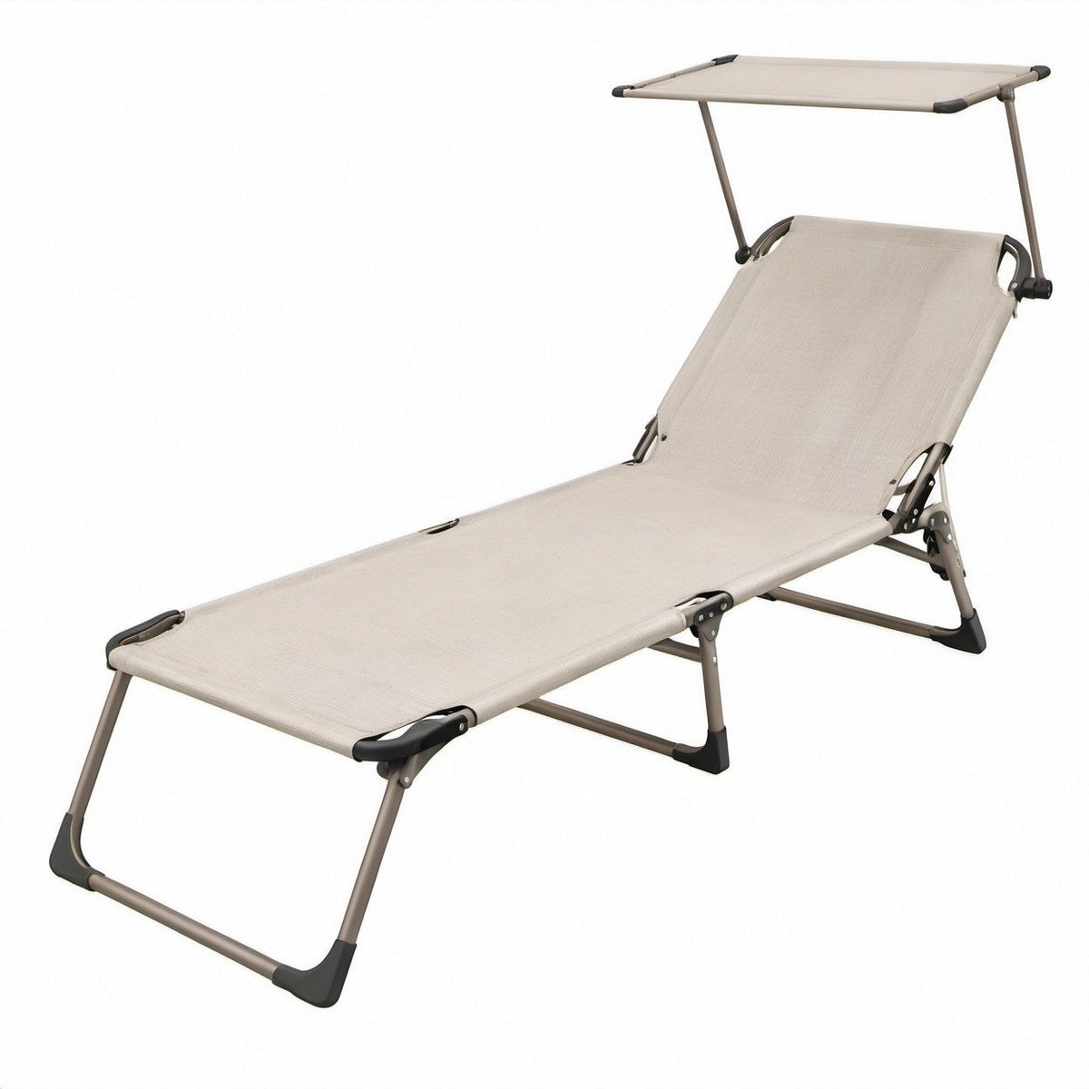 Folding Reclining Sun Lounger with Adjustable Canopy, Beige/Taupe/Black, 75 x 24 x 39 in