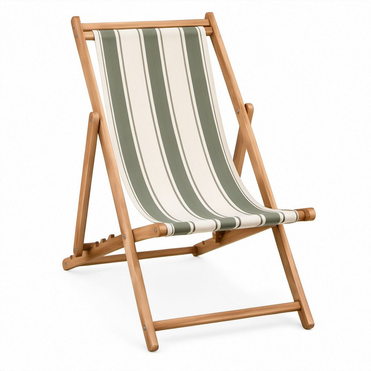 Adjustable Folding Deck Chair, Natural Beech Wood Frame with Green and White Striped Polyester Canvas, 23 x 38 x 39 in